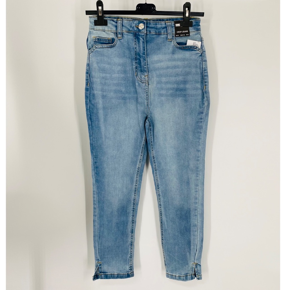 Blue High Waist Split Hem Skinny Capri Jeans Denim Pants - Picture 6 of 8